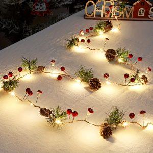 Christmas Decorative String Lights with Greenery, Pinecones, and Mushrooms - 20 LED PVC Outdoor Lights for Office, Room, Wedding, Home Wall Decor - Battery Powered, Single Color, No Battery Included