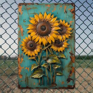 1pc 8x12inch Large Vintage-Style Sunflower Metal Tin Sign - Reusable Aluminum Decor for Home, Kitchen, Dining Room, Bedroom, Garden, Bathroom, Garage, Hotel, Office, and Bakery - Distressed Finish, Rustic Charm, Easy to Hang