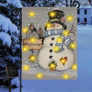 Solar-Powered Snowman Garden Flag with LED Lights - Double-Sided, 12x18 Inch - Perfect for Christmas & Winter Outdoor Decor, Patio, Lawn, and Yard, Christmas Decor