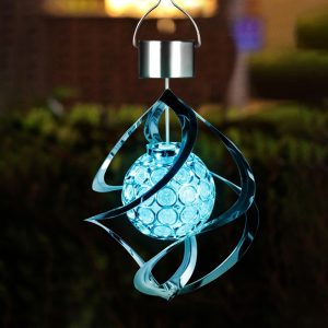 1 silver stainless steel spherical RGB solar wind chime light, LED spiral rotating color changing light, suspended rotating crystal ball lighting fixture, intelligent switch hollow design, suitable for outdoor gardens, lawns, balconies, terraces