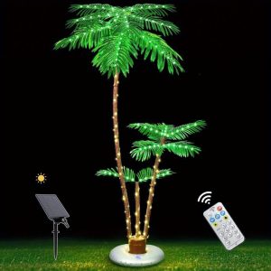 6Ft 3 Trunks Solar Lighted Palm Trees for Outside Patio, Solar Lighted Christmas Trees Christmas Decor, Artificial Palm Trees Outdoors Pool