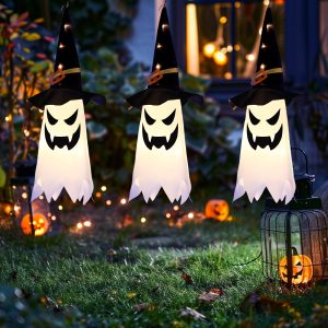 3Pcs-17.72inch Halloween Witch Hat Hanging Lighted Glowing Ghost Lights, Halloween Decorations Outdoor Decor Hanging Lighted, Halloween Party Lights String For Yard Tree Garden