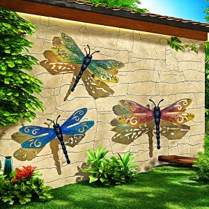 3-Piece Decorative Iron Dragonfly Wall Art, Large 14-Inch Garden Decor for Outdoor, Living Room, Bedroom, Wedding Arrangements