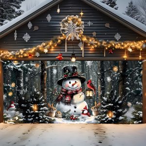 Christmas Holiday Garage Door Banner - 100% Polyester Winter Scene Decoration with Snowman, Cardinal, Pine, and Rabbit - Multipurpose Festive Outdoor Wall Hanging for Home, Yard, and Parties - Durable 71x157 inch Full-Size Seasonal Decor