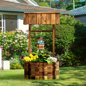 Rustic Wooden Wishing Well Planter with Hanging Bucket for Flowers and Plants, Indoor & Outdoor Garden Decor, Brown