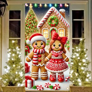 HEGO Gingerbread Couple & House Door Cover Banner, 1 Piece Multipurpose Polyester Outdoor Party Garden Decor, Easy Hang, No Power Needed, 35.43" X 70.86"