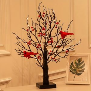 1pc, 21-Inch LED Birch Tree Tabletop Decor with Warm Red Bird Light, 60 LED Lights for Indoor Home Office Decoration