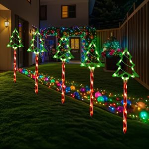 5pcs1Set Christmas Tree Solar Ground Plug Light, Courtyard Decoration Festive Atmosphere Light, Christmas Lawn Lights, Christmas Candy Tree Pathway Lights for Lawn, Courtyard, Sidewalk, Driveway Decoration Landscape Lighting