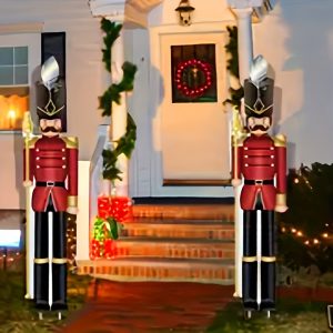 Christmas Nutcracker Yard Stakes - Set of 2 Red and Black Soldier Figures, Durable Plastic, Lawn and Garden Decor, Stake Mounting, Festive Nutcracker Theme, No Electricity Needed, Feather-Free