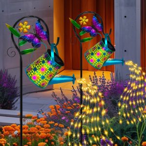 VOOKRY Solar Watering Can Lights with Colorful Butterfly Shepherd Hook, Waterproof Solar-Powered Garden Lanterns, Iron LED Outdoor Decorative Lighting for Yard, Patio, Walkway, Lawn with Welcome Sign, Mixed Color - 1 Pack