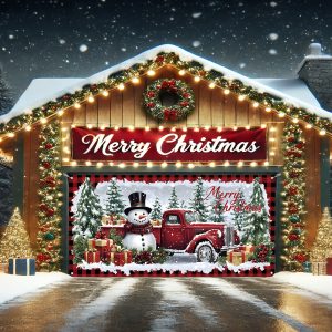 Merry Christmas Garage Banner - 71"x157" Polyester Winter Decoration with Cute Truck, Snowman & Tree Design - Perfect for Home, Wall & Yard Holiday Decor, Christmas Decor